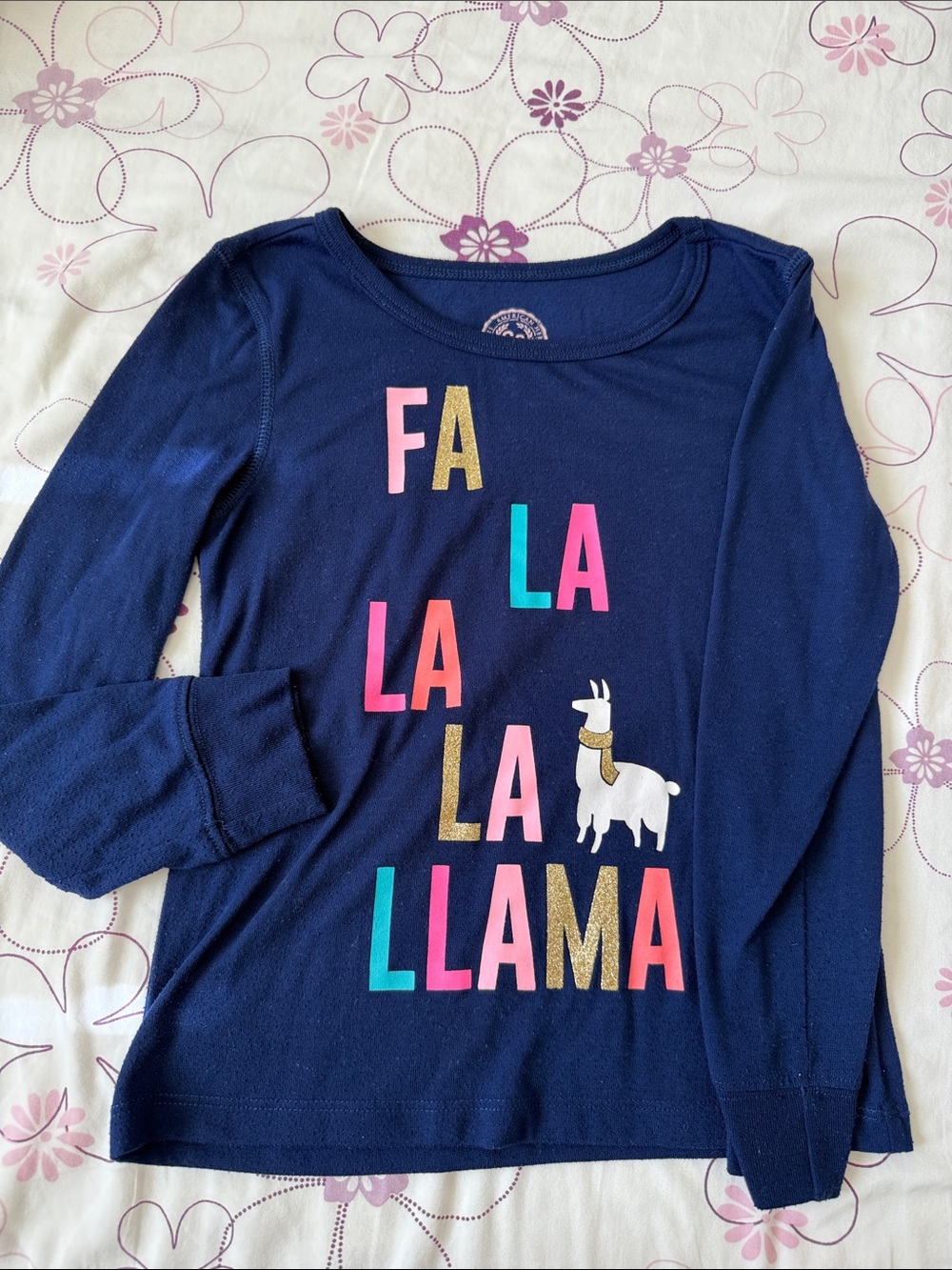 Girls Navy 'Fa La La Llama' Long Sleeve Graphic Tee